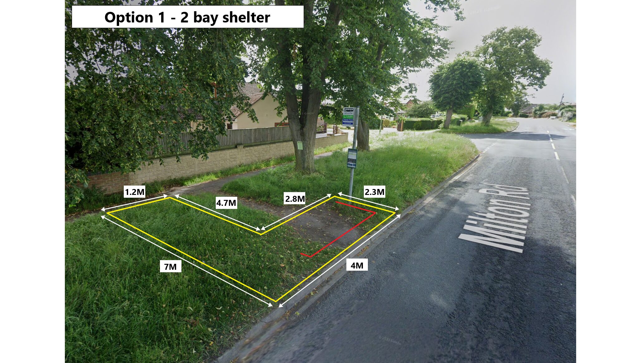 The location of the new bus shelter shown on a image of the existing street scene.